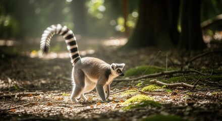 Fototapeta premium Wild Lemur Walking Through Forest Path in Natural Habitat During Daylight