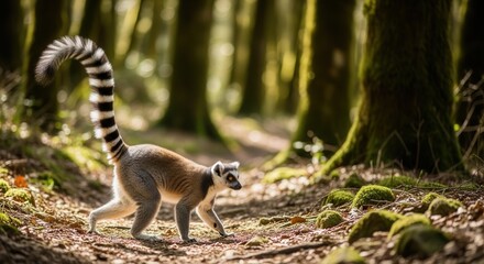 Fototapeta premium Wild Lemur Walking Through Dense Forest Environment in Natural Habitat
