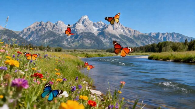 cinematic river bank with vibrant wildflowers and fluttering butterflies under majestic mountains perfect for spring nature backgrounds