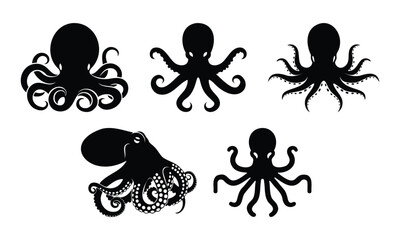 Set of 5 black octopus silhouette icons, isolated on transparent and white background, vector © Shanta Akter Ahk