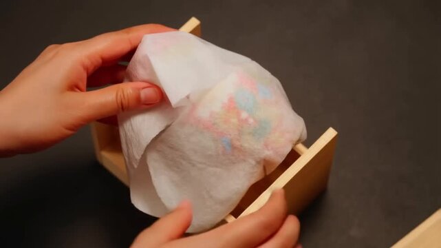 Hands carefully wrap a colorful matryoshka doll in white tissue paper, placing it into a wooden box with gentle precision.