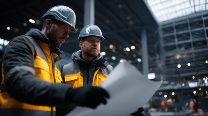 Fototapeta premium Two engineers in safety gear reviewing blueprints on a construction site, highlighting teamwork and project planning.