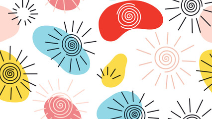 Naklejka premium Seamless abstract background pattern featuring hand drawn sun symbols with spirals and colorful organic shapes in red, blue, and yellow.