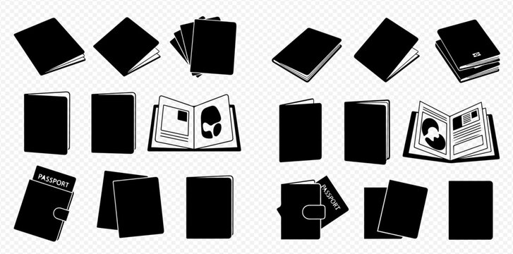 Set of black silhouettes of passport and wallet icons, isolated on transparent background. Open and closed passport, wallet with passport, stack of passports. Travel document concept.