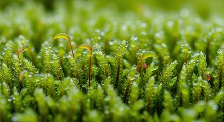 Close-up of Vibrant Green Moss Growing with Dew Droplets in Natural Environment