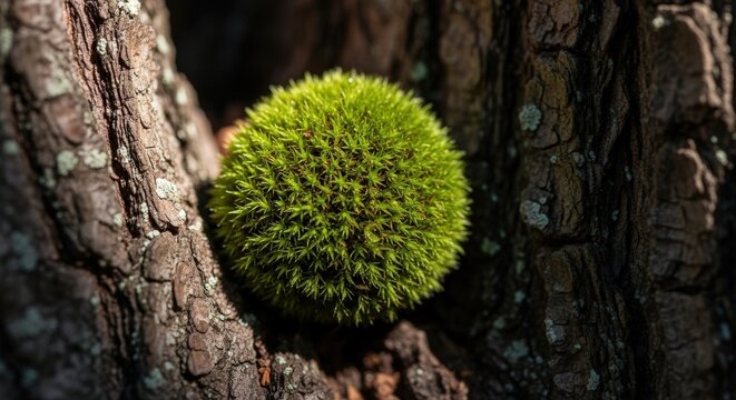 Close-Up of Vibrant Green Moss Ball Growing on Tree Bark in Forest Setting