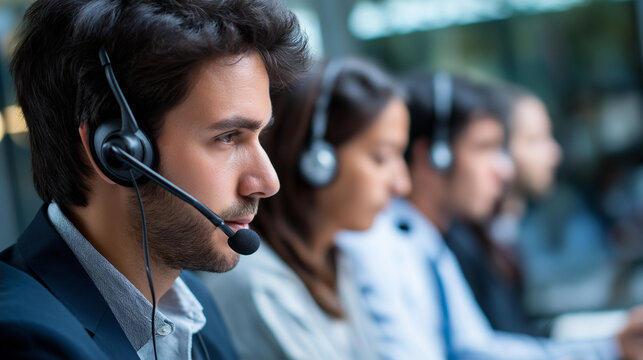 Row of faceless men at their desks in an Indian call center wearing headsets and focused on their work, defocused background, international customer support concept, with copy