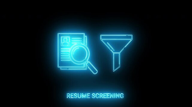 Neon-lit graphic of a resume with a magnifying glass and a funnel against a black background with the words 'RESUME SCREENING' below.