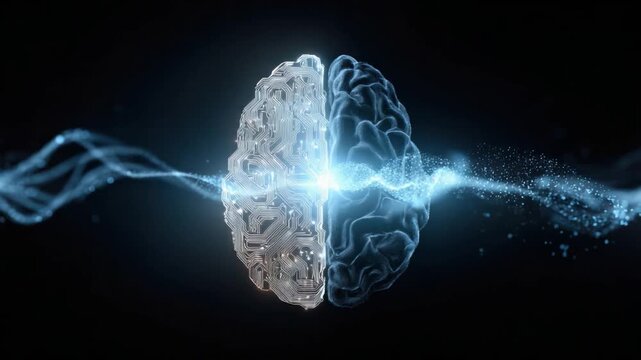 Brainwave Brilliance: An illuminated brain is divided, showcasing the interplay of intellect and potential, bathed in a sea of glowing energy. 