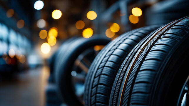 Close-up of stacked tires showcasing tread patterns and textures, defocused blurred background of lights, automotive storage display, with copy space