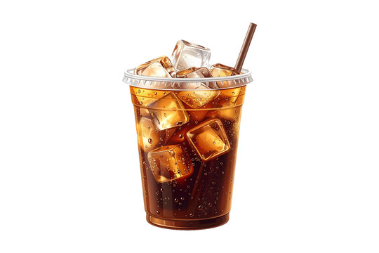 Iced coffee cup isolated PNG, with visible ice cubes and straw on transparent background