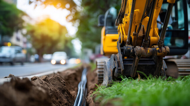 Excavator laying fiber optic cables in a trench on grassy ground beside a city road with passing cars, defocused background, broadband internet installation concept, outdoor