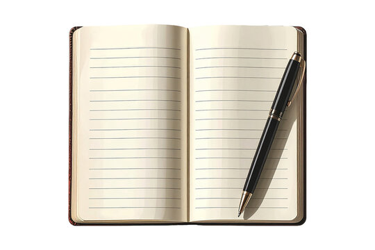 Open lined notebook isolated PNG, sleek pen resting diagonally across the page on transparent background