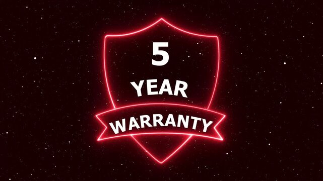 Five Year Warranty Badge Animated Neon Glow Effect on Dark Starry Background with Subtle Movement