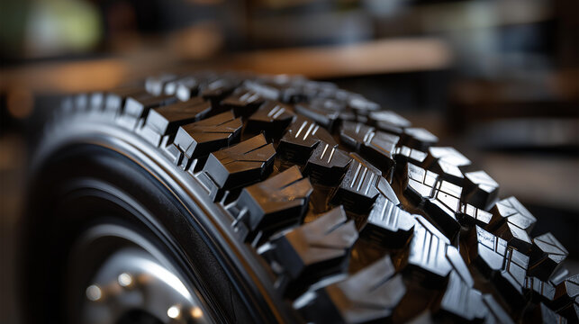 Close-up view of textured tire tread showcasing detailed patterns, traction and performance design for various surfaces, automotive engineering detail, with copy space