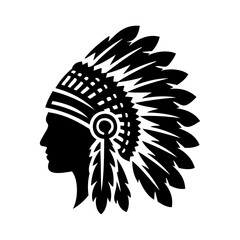 Logo jefe indio americano con tocado de guerra. Icono con cabeza de guerrero indio con tocado tradicional de plumas, de perfil  © teracreonte