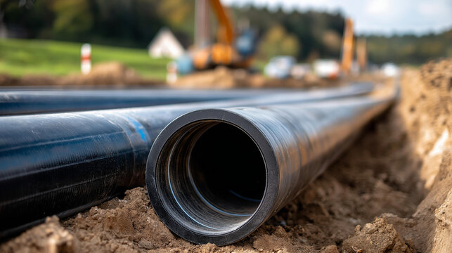 Large diameter black polypropylene utility pipes laid in a construction trench for drainage and heating infrastructure under a road, defocused background, modern utility supply