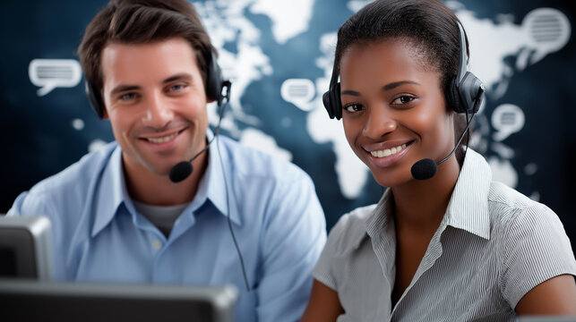 Man and woman with headsets providing global customer service from computers against a world map backdrop with chat bubbles, defocused background, international support concept,