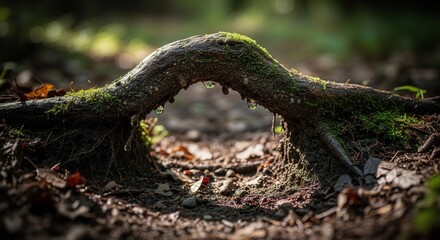 Fototapeta premium Close-up of Tree Root Hollow in Forest with Moss and Soil Detail