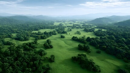 Obraz premium Expansive aerial view of vibrant green rolling hills and lush forests bathed in soft clear light suggesting natural beauty and growth