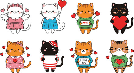 Obraz premium Adorable Cats in Cute Outfits and Heart-themed Accessories for Pet, Valentine, and Cartoon Cat Lover Designs