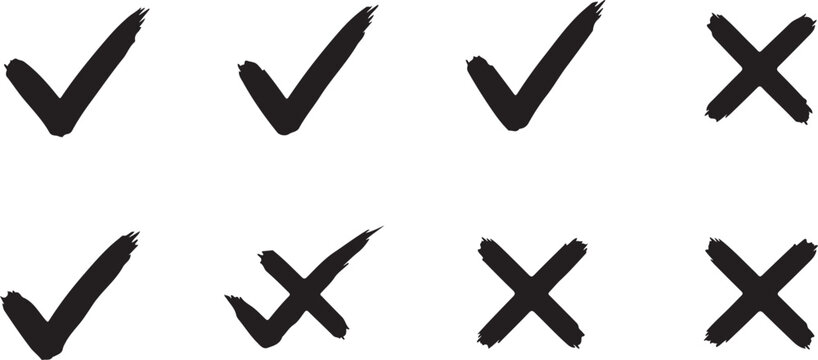 Set of eight hand drawn black check marks and crosses on transparent background for symbols