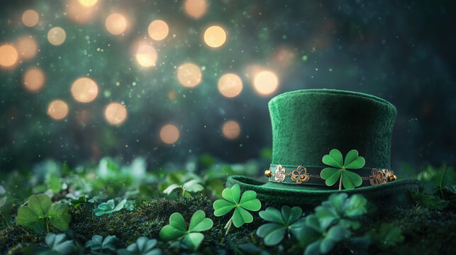 four-leaf clover with green hat and festive decorations, St. Patrick&rsquo;s Day greeting background