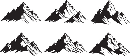 Naklejka premium Set of stylized black mountain range silhouettes for adventure design isolated on transparent background vector art