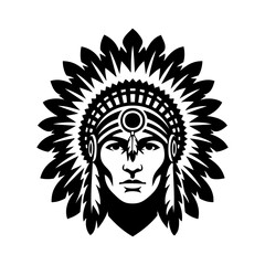 Logo jefe indio americano con tocado de guerra. Icono con cabeza de guerrero indio con tocado tradicional de plumas, de frente  © teracreonte