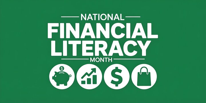 National financial literacy month with piggy bank graph dollar sign shopping bag icons on green background