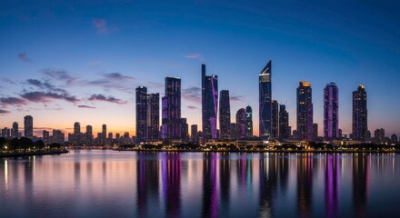 Fototapeta premium A serene cityscape at dusk with tall buildings and their reflections in the water