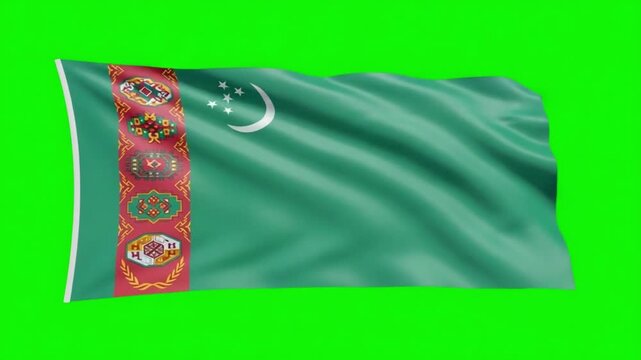 Turkmenistan Flag Waving Animation on Isolated Green Screen Chroma Key Background for Video Editing