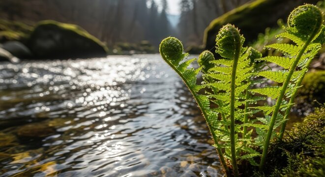 Close-up of Vibrant Green Fern Fronds Growing Near Mountain Stream