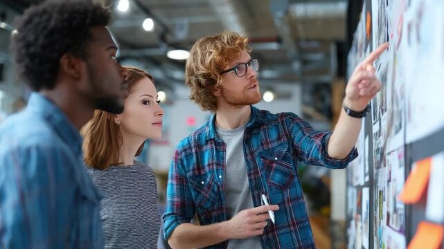 Strategic Brainstorming Session: A diverse group of colleagues gather around a collaborative brainstorming wall, with intense focus, and creative ideas for innovative solutions. 