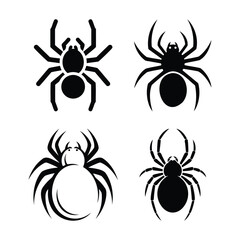 Set of 4 Black Spider Icons Vector Illustration for Halloween, Web Design, and Creepy Themed Projects, Isolated on White Background
