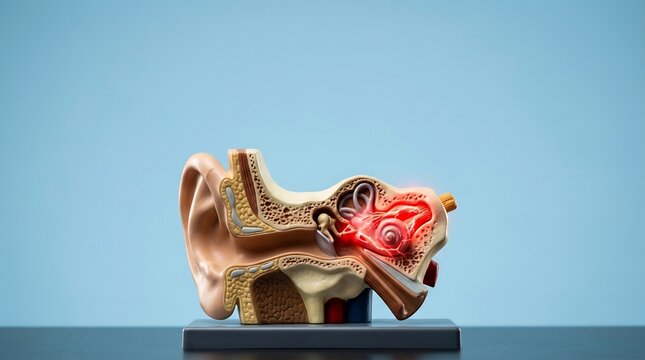 Human ear cross section model features intense red inflammation highlighting damage within the middle or inner ear structure resting upon a dark surface.