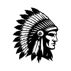 Logo jefe indio americano con tocado de guerra. Icono con cabeza de guerrero indio con tocado tradicional de plumas, de perfil  © teracreonte
