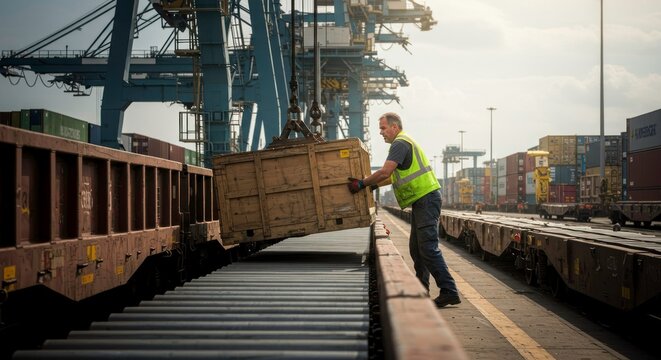 Man in high-visibility vest unloading cargo from train at industrial shipping yard