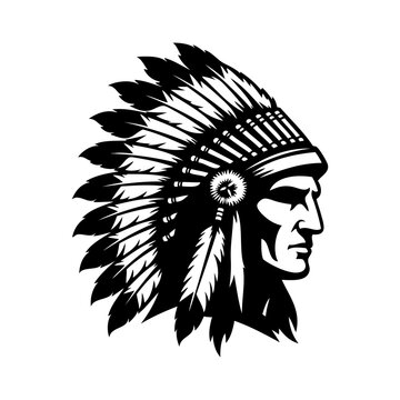 Logo jefe indio americano con tocado de guerra. Icono con cabeza de guerrero indio con tocado tradicional de plumas, de perfil 