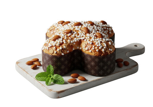 golden baked colomba di pasqua cake with whole almonds and sugar sprinkles in a brown paper mold, resting on a rustic wooden board, isolated on transparent background. Concept of italian easter