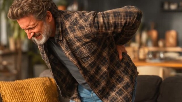 Middle-aged man attempts to sit down, dropping his weight heavily. The moment his lower back bends to meet the cushion, his entire body violently jolts and freezes mid-motion.