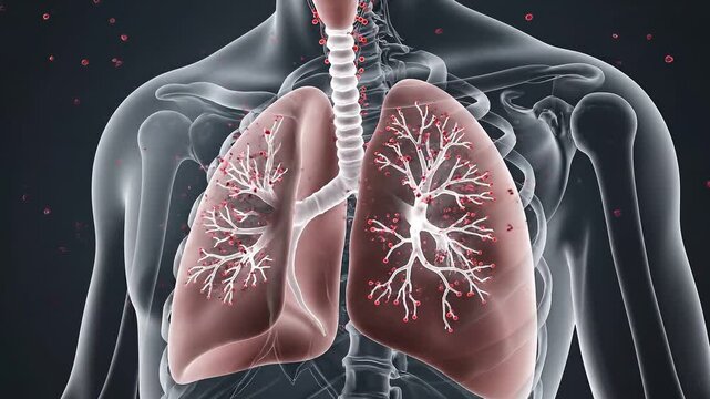 Detailed anatomical illustration of human lungs featuring a glowing bronchi and intricate vascular system against a dark background