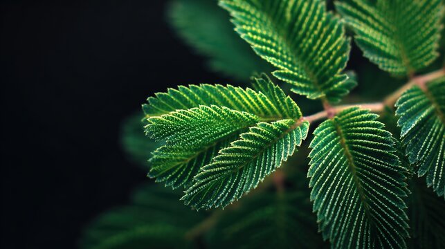 pudica. Mimosa pudica leaves closing upon touch in a macro shot with natural green tones. gardening catalogs, home-decor guides, designed for home decor and floral branding, used by policy analysts.