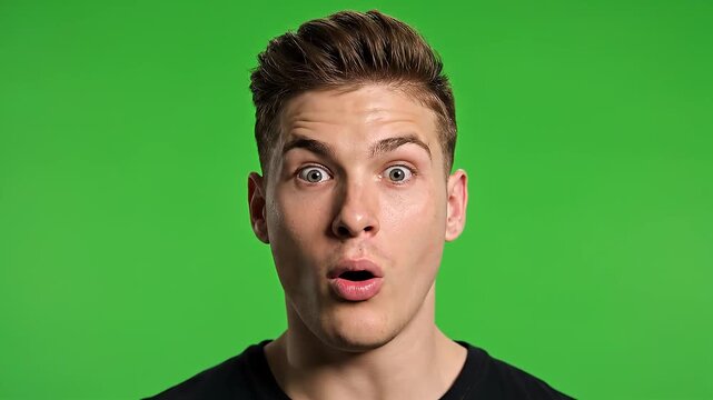 Amazed male face in slow motion closeup portrait during preview generation