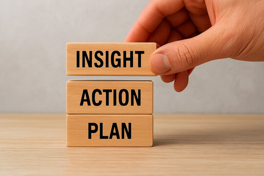 Insight&ndash;Action&ndash;Plan framework concept. Abstract background with stacked wooden blocks labeled INSIGHT, ACTION, and PLAN symbolizing strategic thinking, decision-making, and structured goal achievement
