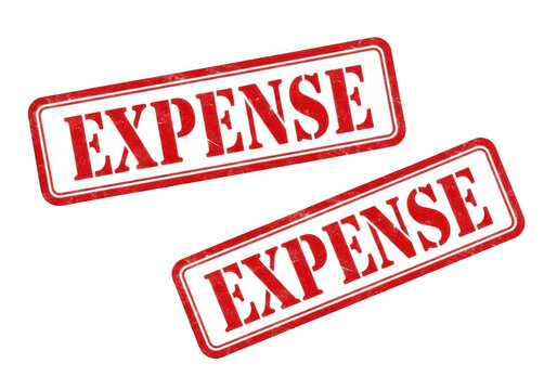 Two red 'expense' stamps, angled and overlapping, isolated on transparent background