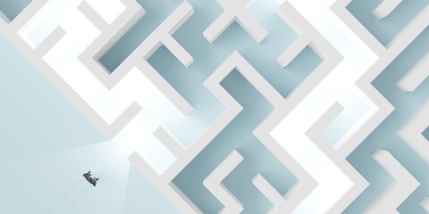 Fototapeta premium Business man standing at the start of a labyrinth or maze, strategy, problem solving or challenge concept on blue background top view from above