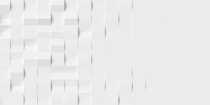 Grid of white cubes or boxes with randomly shifted center line background wallpaper banner fading out with copy space, flat lay