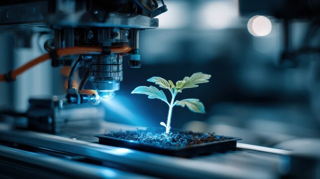 A plant is scanned by a blue laser light in a lab. Data is collected for analysis in a setting that uses advanced technology for research.