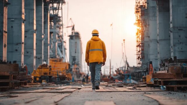 Construction Worker at Sunset: A construction worker walks confidently towards the setting sun amidst a bustling construction site. The image portrays determination and progress.